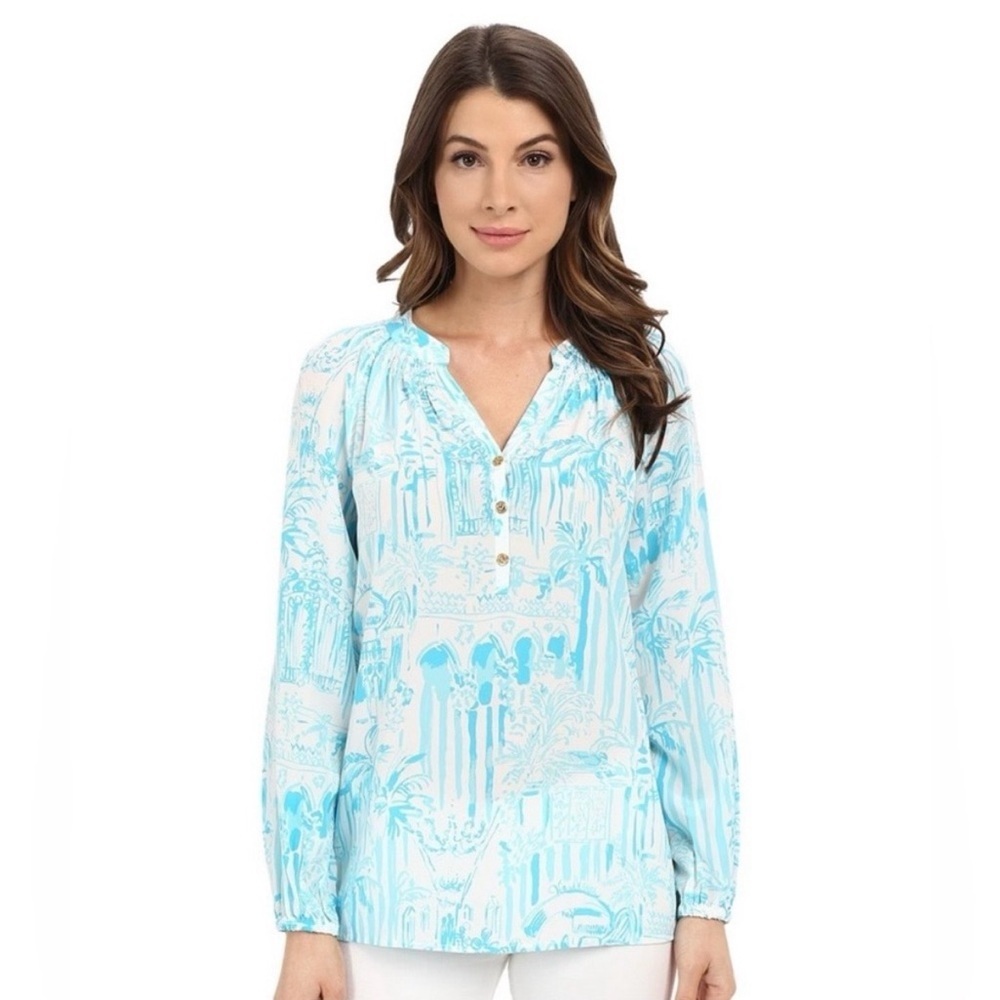 Lilly Pulitzer Elsa 100% Silk Long Sleeve Blouse La Via Loca Blue Womens Medium